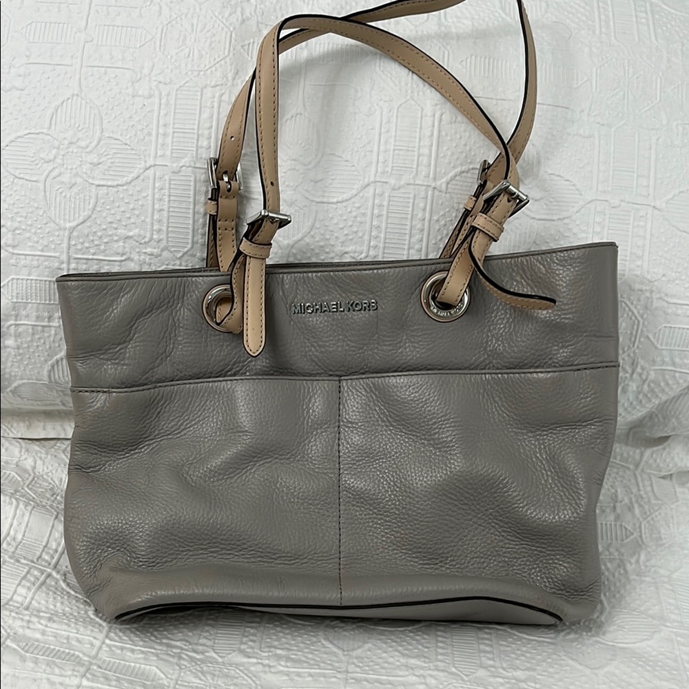 Michael Kors Gray and Tan Tote with Gold Accents